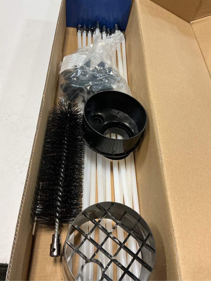Condition photo showing As Is for 24 feet dryer vent cleaning kit - chrome button locking system - dryer vent cleaner kit with vacuum attachment, nozzle, hose and adapter 24 feet update version
