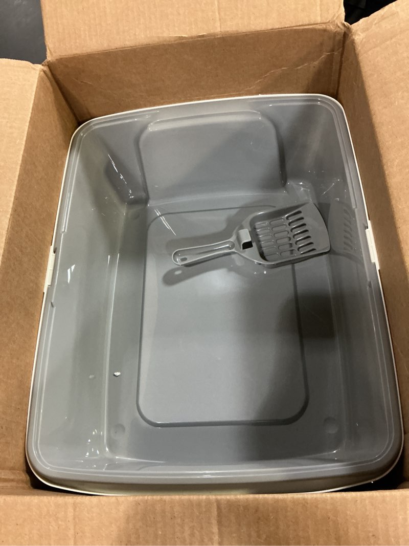 Condition photo showing Good Condition for amazon basics large cat litter box with high sides, open top for easy access, includes scoop with storage, 19" x 15" x 11.75", grey/beige grey/beige open top