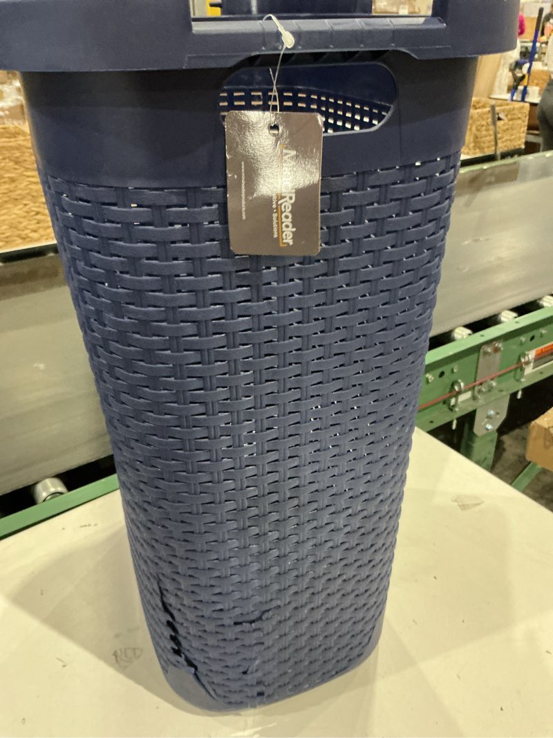 Condition photo showing As Is for mind reader slim laundry hamper with lid, 60l tall clothes basket, narrow tapered design for bathrooms, closets and laundry rooms, plastic, navy navy single