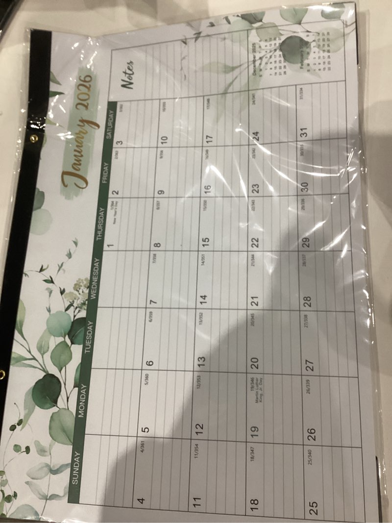 Condition photo showing New/Like New for 2026 Desk Calendar – Monthly Desk Calendar 2026, Jan 2026 – Dec 2026, 17" x 12", Ruled Blocks, Corner Protectors & Hanging Hooks, Tear Off, Best Desktop Calendar Decoration - Green Leaves 25-26 desk calendar