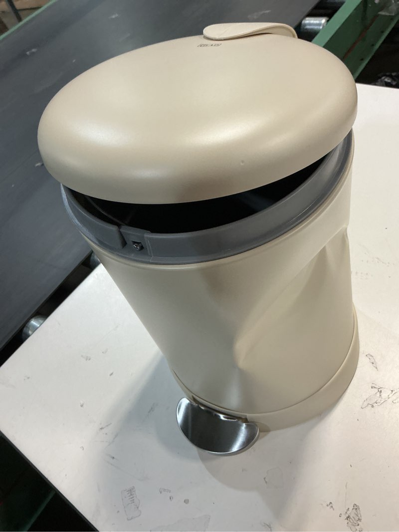 Condition photo showing As Is for Glad Small Trash Can, 1.2 Gallon | Round Stainless Steel Garbage Bin with Soft Close Lid & Step Foot Pedal | Metal Waste Basket with Removable Inner Bucket, Almond
