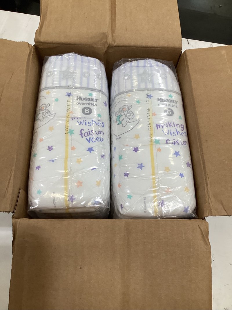 Condition photo showing New/Like New for huggies overnites size 6 overnight diapers (35+ lbs), 42 ct, packaging may vary size 6 42