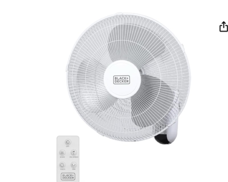 BLACK+DECKER 16-inch Wall Mount Fan with Remote Control, Oscillating with 3 Speed ??Settings and Auto-Off Timer, Adjustable Tilt Angle, White