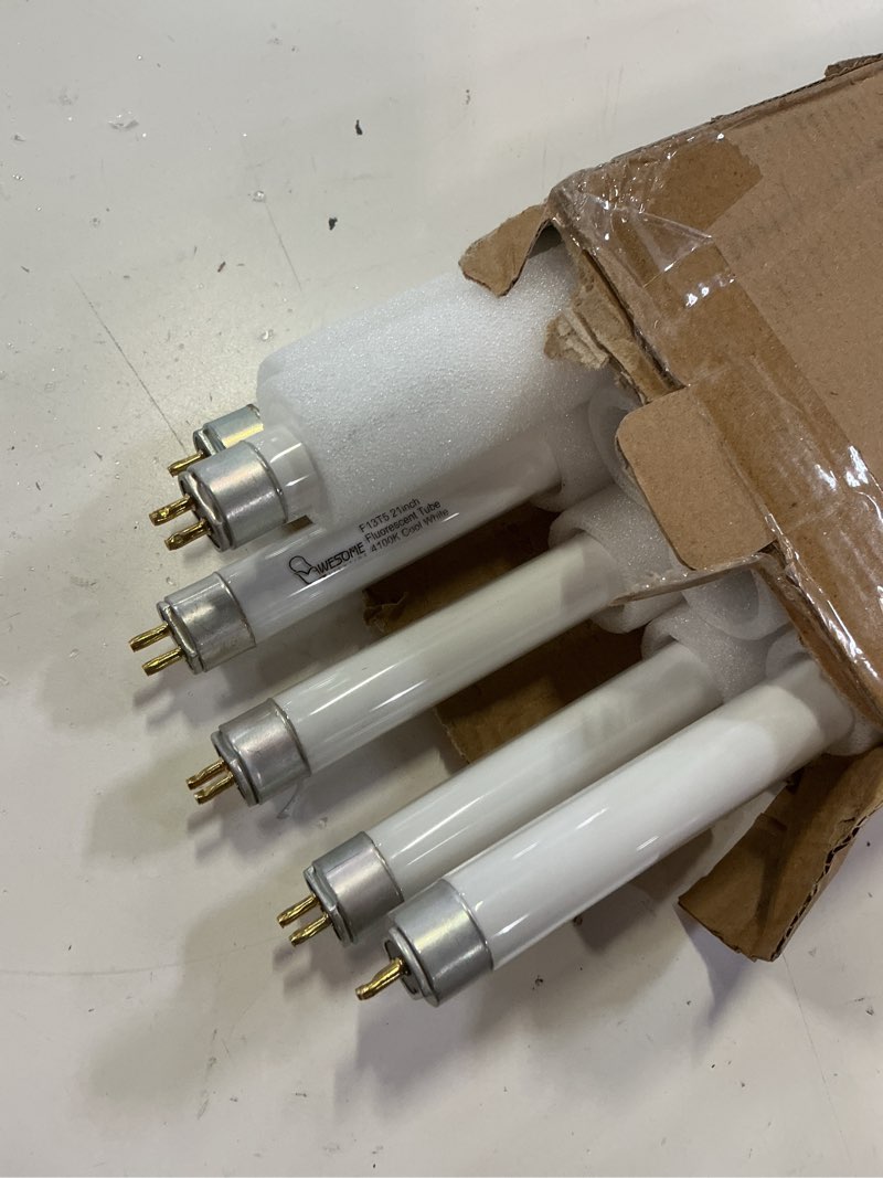 Condition photo showing As Is for 8 pack 21 inch f13t5/cw fluorescent light bulb, 4100k cool white, t5 13 watts fluorescent replacement bulb for counter and cabinet fixture, g5 base 4100k cool white 8 pack