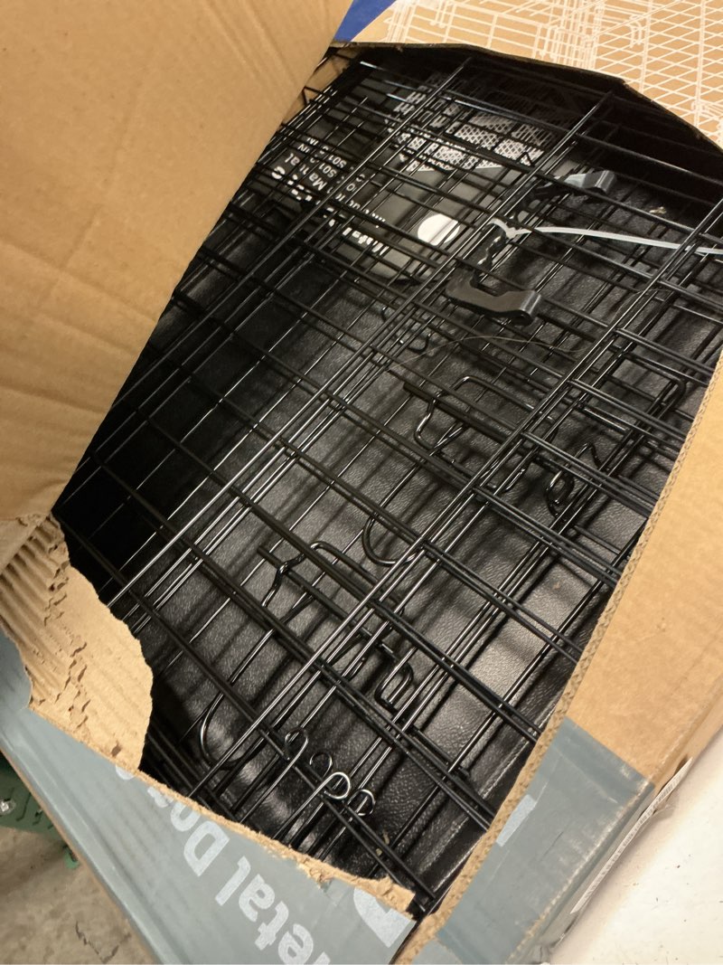 Condition photo showing As Is for dumos dog crate, 30 inch medium single door dog cage with plastic leak-proof pan tray, folding metal wire pet kennel for indoor, outdoor, travel 30"l x 17.5"w x 19.75"h single door