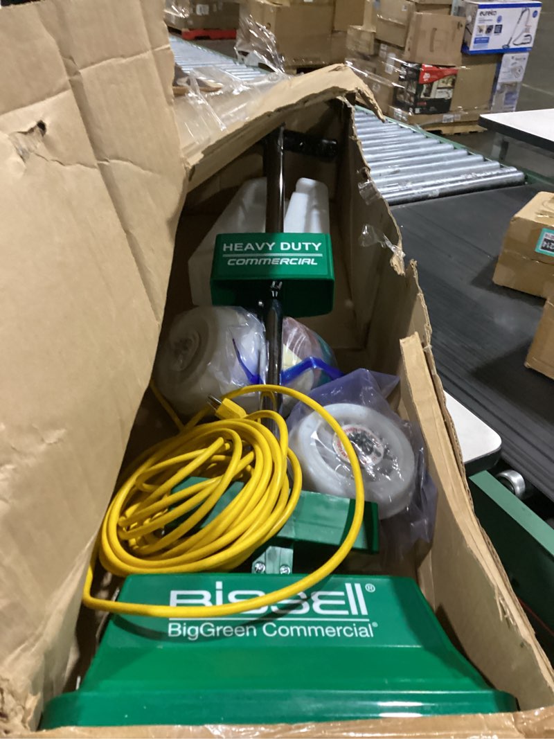 Condition photo showing As Is for bissell biggreen bgfs5000 portable two brush floor scrubber & polisher, polypropylene, 13"" w x 7"" d x 44"" h, white & green