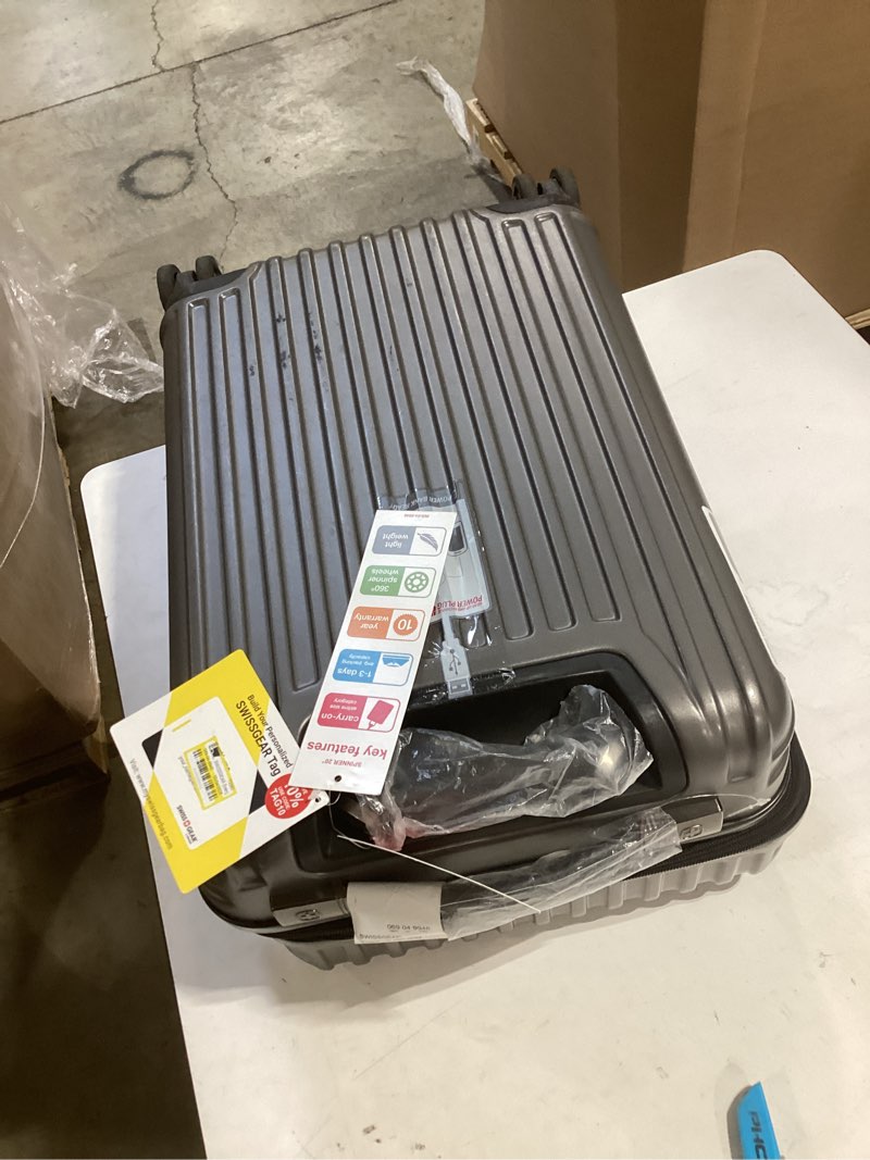 Condition photo showing As Is for swissgear energie hardside carry on spinner suitcase - iron gray