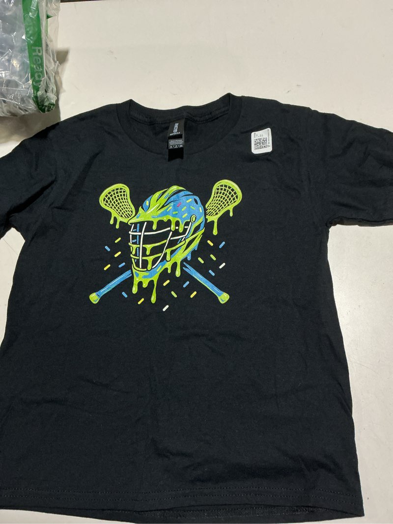 Condition photo showing Good Condition for lacrosse ice cream drip lax boys helmet stick youth players t-shirt