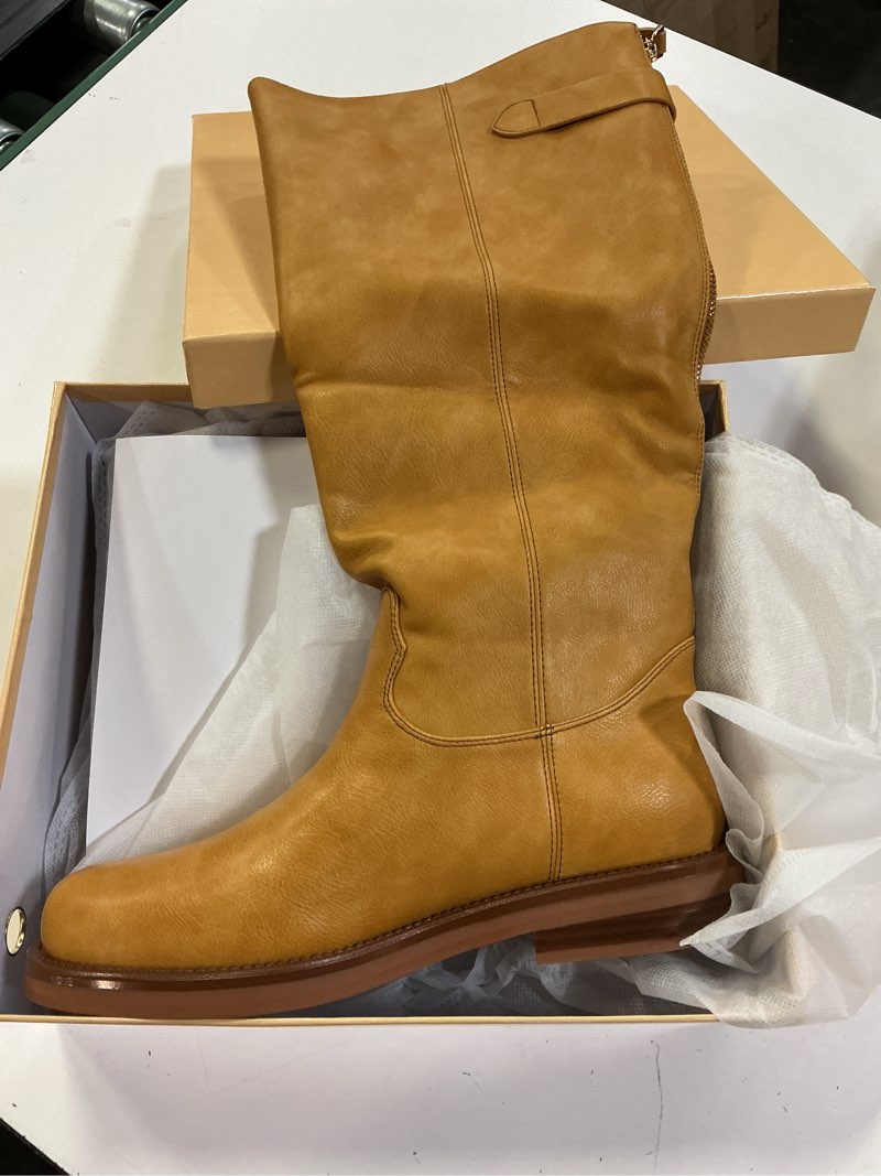 Condition photo showing New/Like New for women's knee high boots chunky heel square toe tall boots for women low heel back zipper boots size 8.5 banana-yellow