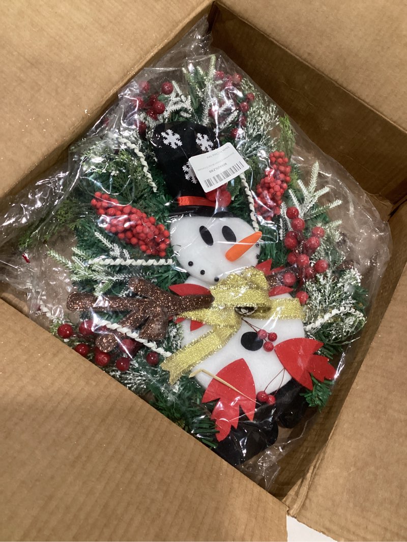 Condition photo showing Good Condition for snowman christmas wreath artificial front door garland red berries pine branches hanging decorations for indoor outdoor home wall window xmas holiday party winter ornaments