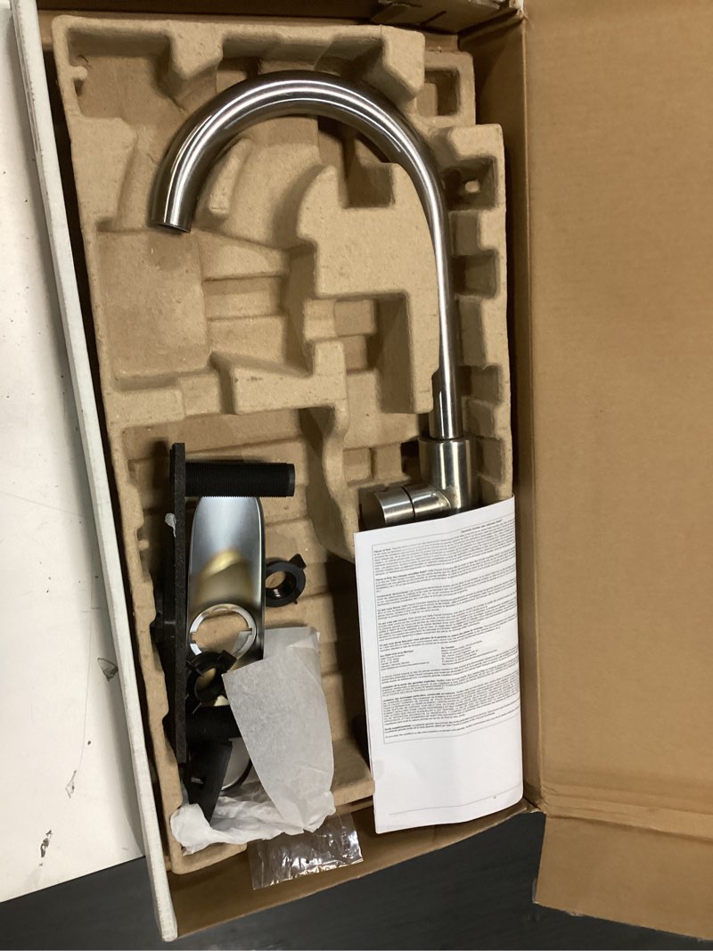 Condition photo showing As Is for delta essa brushed nickel kitchen faucet with pull down sprayer, modern single hole kitchen sink faucet, single handle, arctic stainless 9113-ar-dst