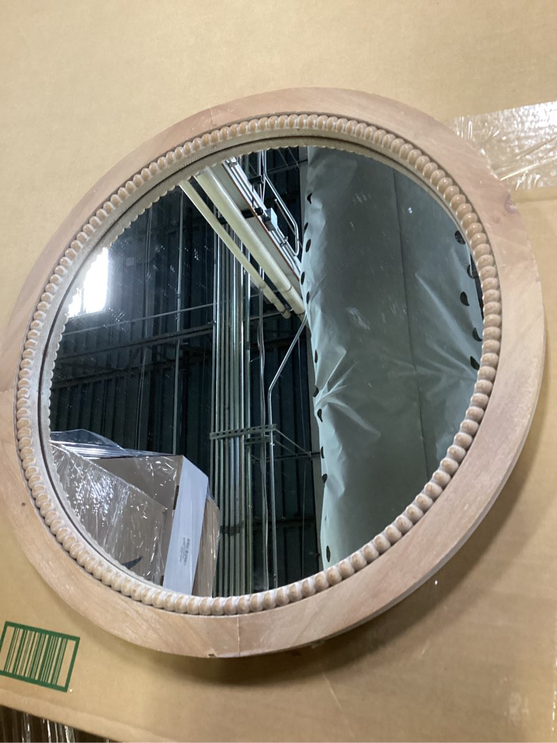 Condition photo showing Good Condition for sawsile Round Wood Mirror,18 inch Circle Rustic Farmhouse Natural Wooden Frame Boho Beads Wall Mirror for Bathroom,Living Room,Bedroom or Entryway 18"L x 18"W Nature