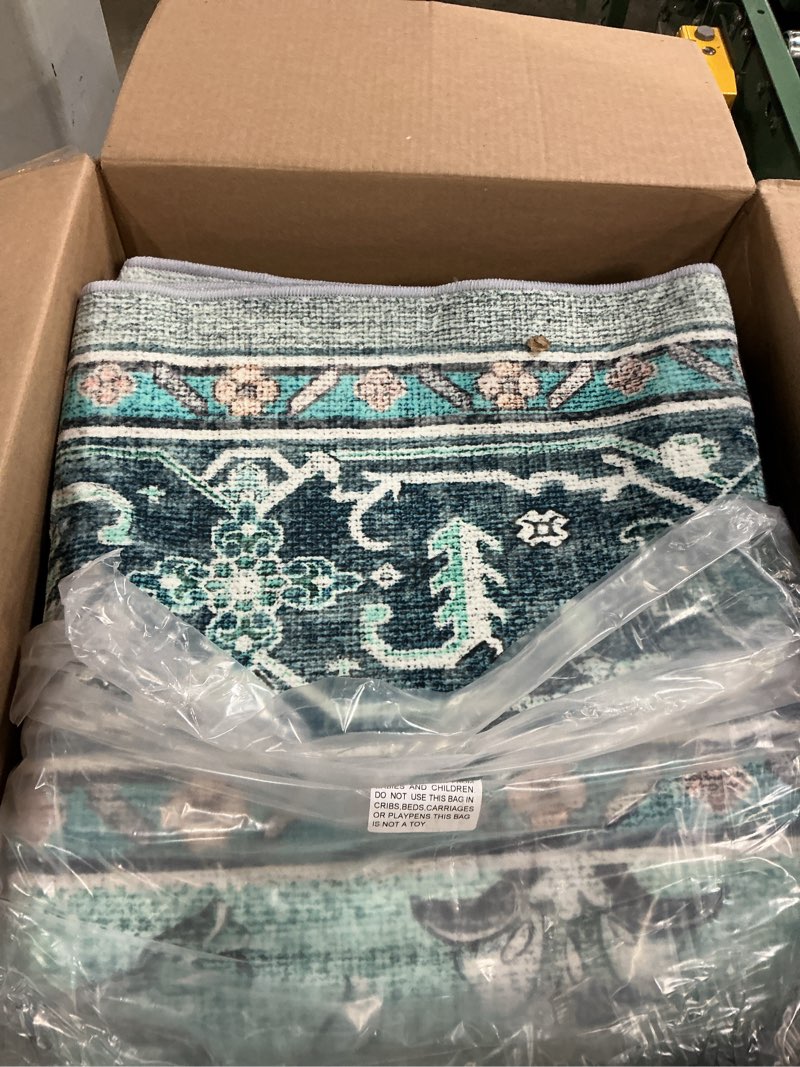 Condition photo showing Good Condition for area rugs 8'x10' washable non-slip, floral vintage distress print pattern medallion carpet for living room bedroom dining room, teal green lake blue turquoise teal 8' x 10' (rectangular)