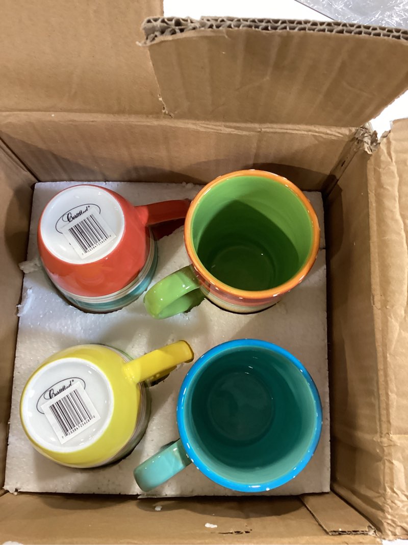 Condition photo showing Good Condition for mariachi mugs set of 4, 20 oz colorful ceramic coffee tea hot chocolate mugs, microwave and dishwasher safe, fiesta drinkware for kitchen, brunch, entertaining, and gifting