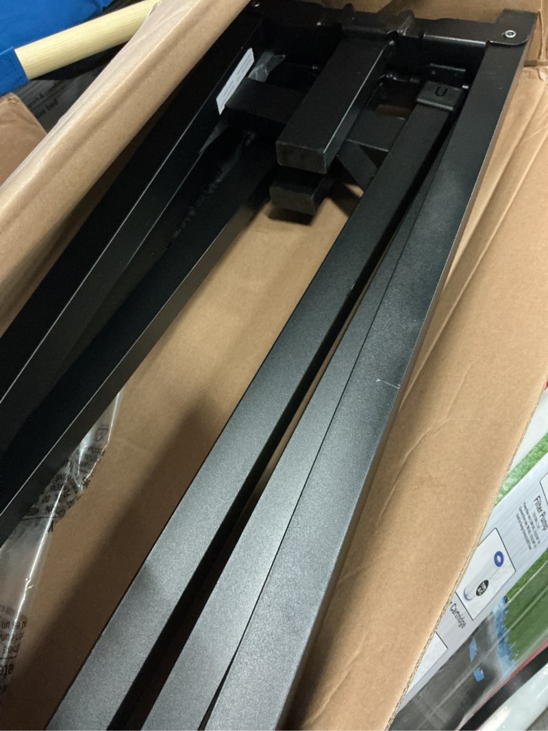 Condition photo showing As Is for mainstays 7" adjustable metal bed frame, black, adjusts twin - queen
