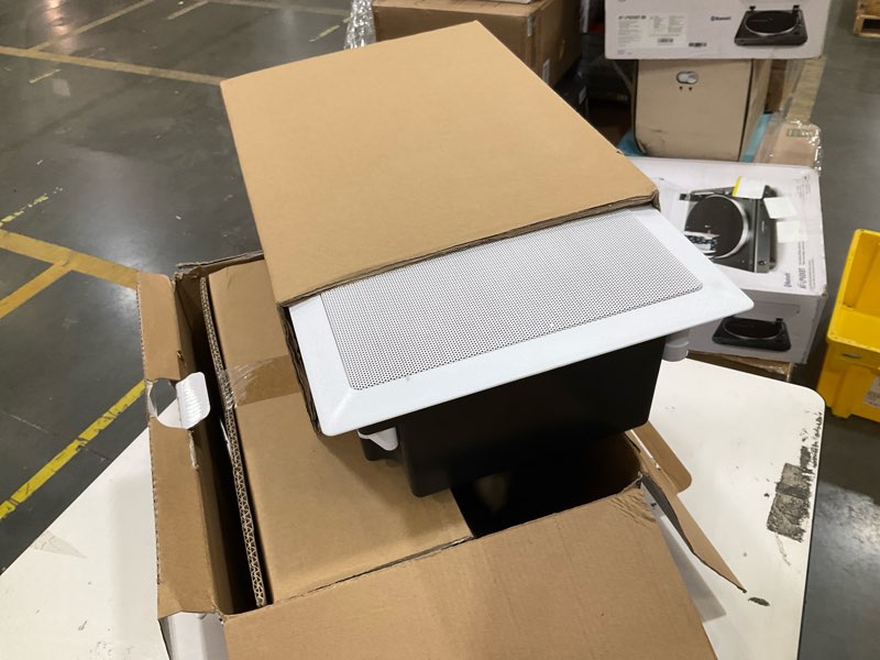 Condition photo showing As Is for pyle ceiling wall mount enclosed speaker - 400 watt stereo in-wall / in-ceiling 8" enclosed full range deep bass speaker system - 50hz-20khz frequency response, 4-8 ohm, flush mount - pdiw87 white 8.0 in speaker