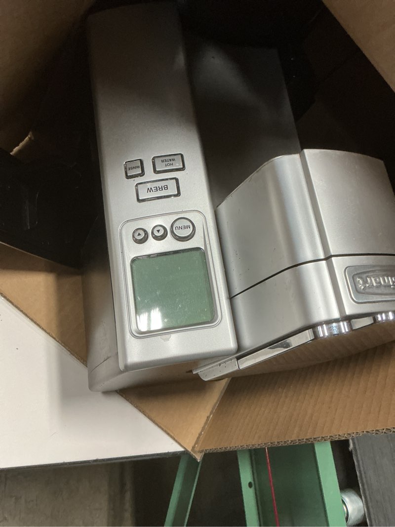 Condition photo showing As Is for cuisinart coffee maker, single serve 72-ounce reservoir pod coffee machine, programmable brewing & hot water dispenser, 3 cup-size settings, stainless steel, ss-10p1, silver