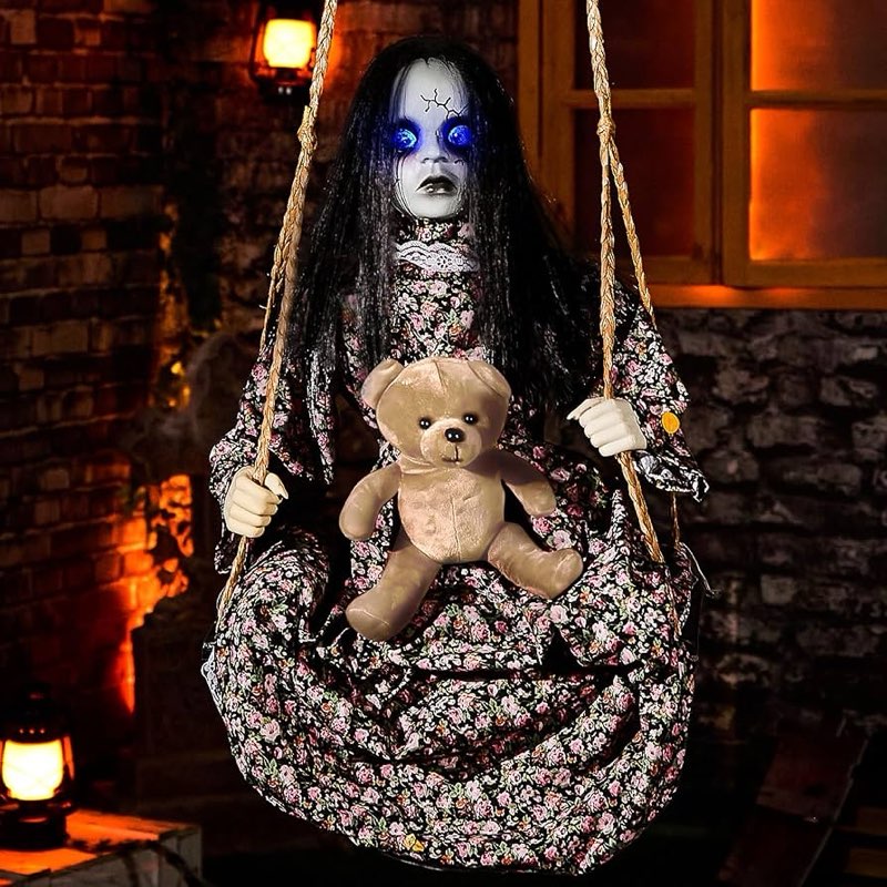 Halloween Animatronics Hanging Swinging Doll Floating Decorations with Motion Sensor Activated, Creepy Sound, Light Up Eyes, Scary Move, Haunted House Decor Spooky Holiday Prop for Indoor, Outdoor