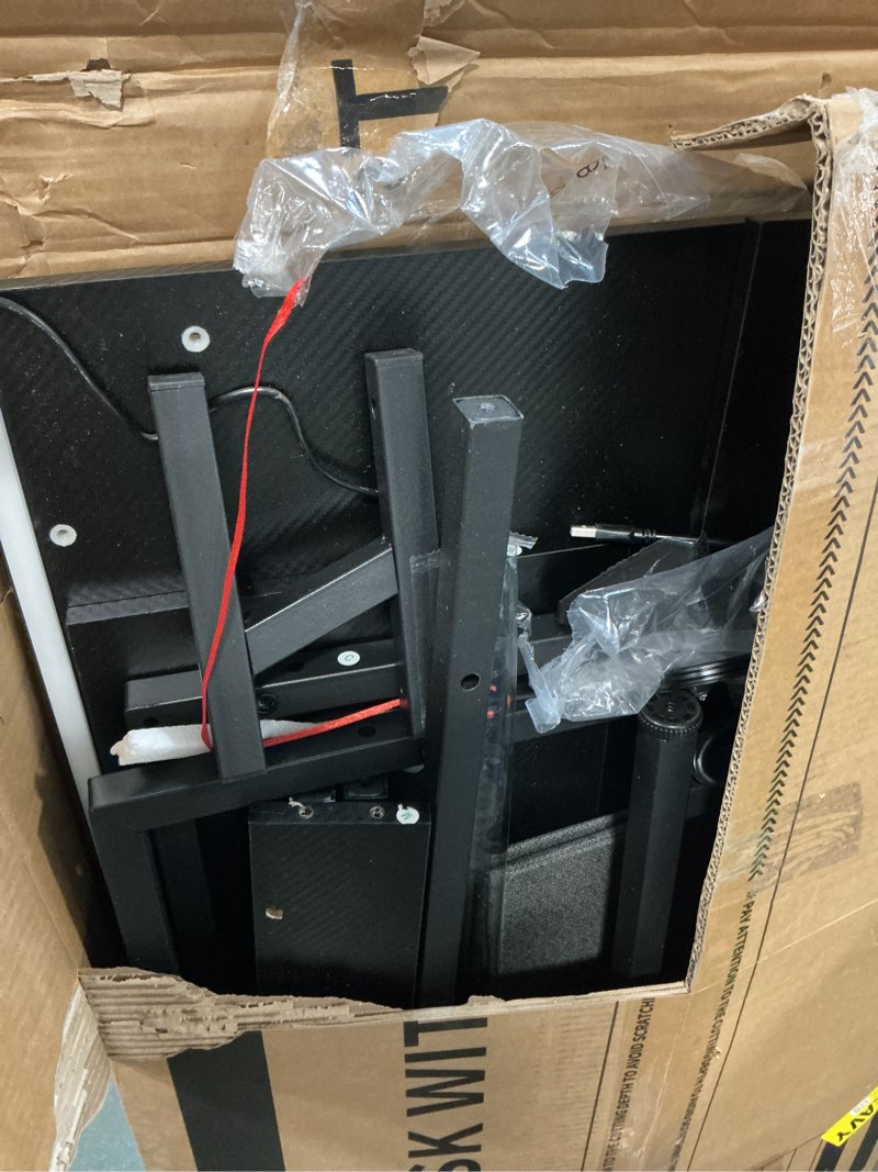 Condition photo showing As Is for ODK 48 Inch Gaming Desk with USB Charging Ports and LED Lights, Reversible L Shaped Computer Desk with Storage Shelves & Monitor Stand, Corner Gamer Desk Table with Power Outlets, Black Carbon Fiber Surface, Black 48 Inch