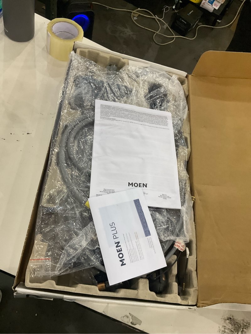 Condition photo showing New/Like New for Moen Essie Matte Black MotionSense Wave One-Handle Touchless Kitchen Faucet with Pulldown Sprayer and Soap Dispenser, 87014EWBL Matte Black Wave