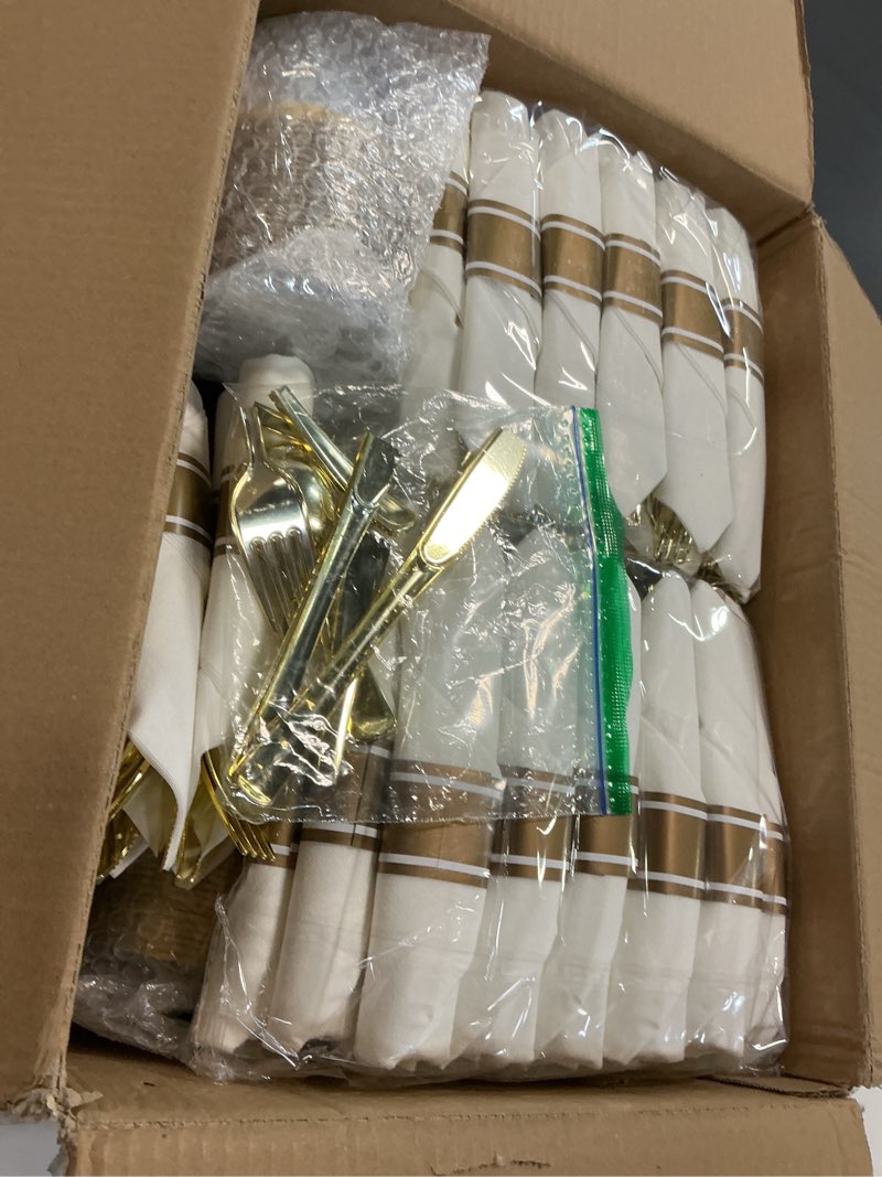 Condition photo showing Good Condition for 350 pcs white and gold plastic dinnerware set for 50 guests, disposable party plate for 50 guests, include: 100 plastic plates, 50 pre rolled napkins with gold silverware, 50 cups gold 350 pcs