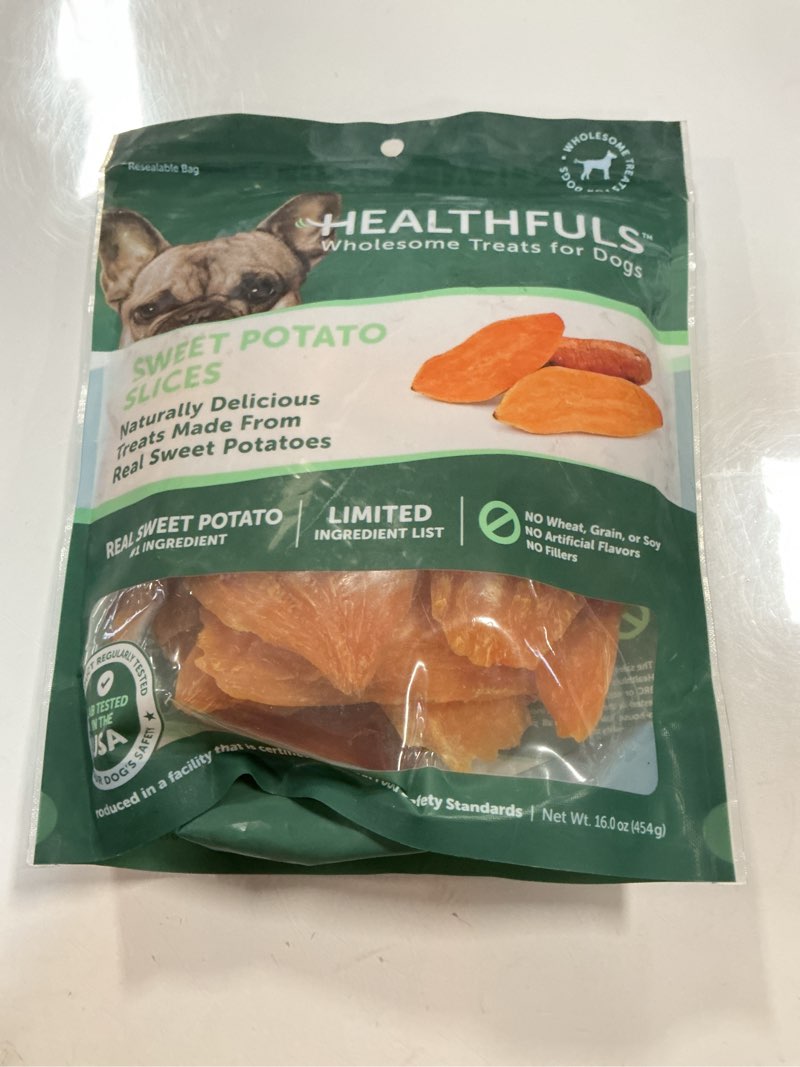Condition photo showing New/Like New for (Use by:02/27/2027) Healthfuls Sweet Potato Slices Dog Treats, 16oz