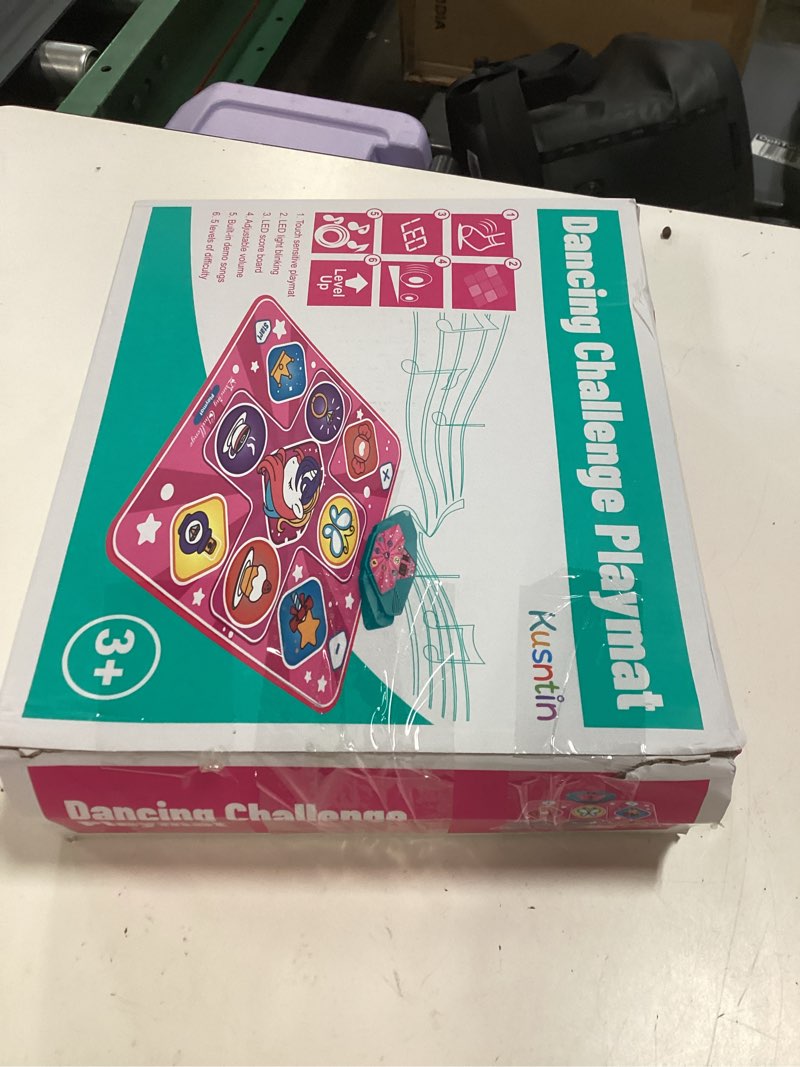 Condition photo showing New/Like New for kusntin dance mat, dance mixer rhythm step play mat, pink dance pad with led lights, adjustable volume, built-in music, 5 game modes, xmas birthday gifts for 3-10 years girls toys (multicolor)