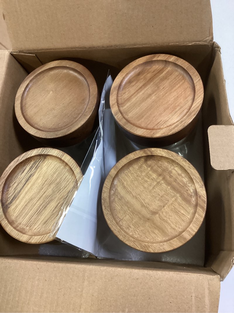 Condition photo showing Good Condition for 26 oz/850 ml Clear Glass Storage Canister with Airtight Wooden Lid, Small Overnight Oats Containers, Cute Decorative Salad Jar for Snacks Yogurt Spice Sugar Cereal Fruit Coffee Tea -4 Pack 26 fl oz?4 Pack?