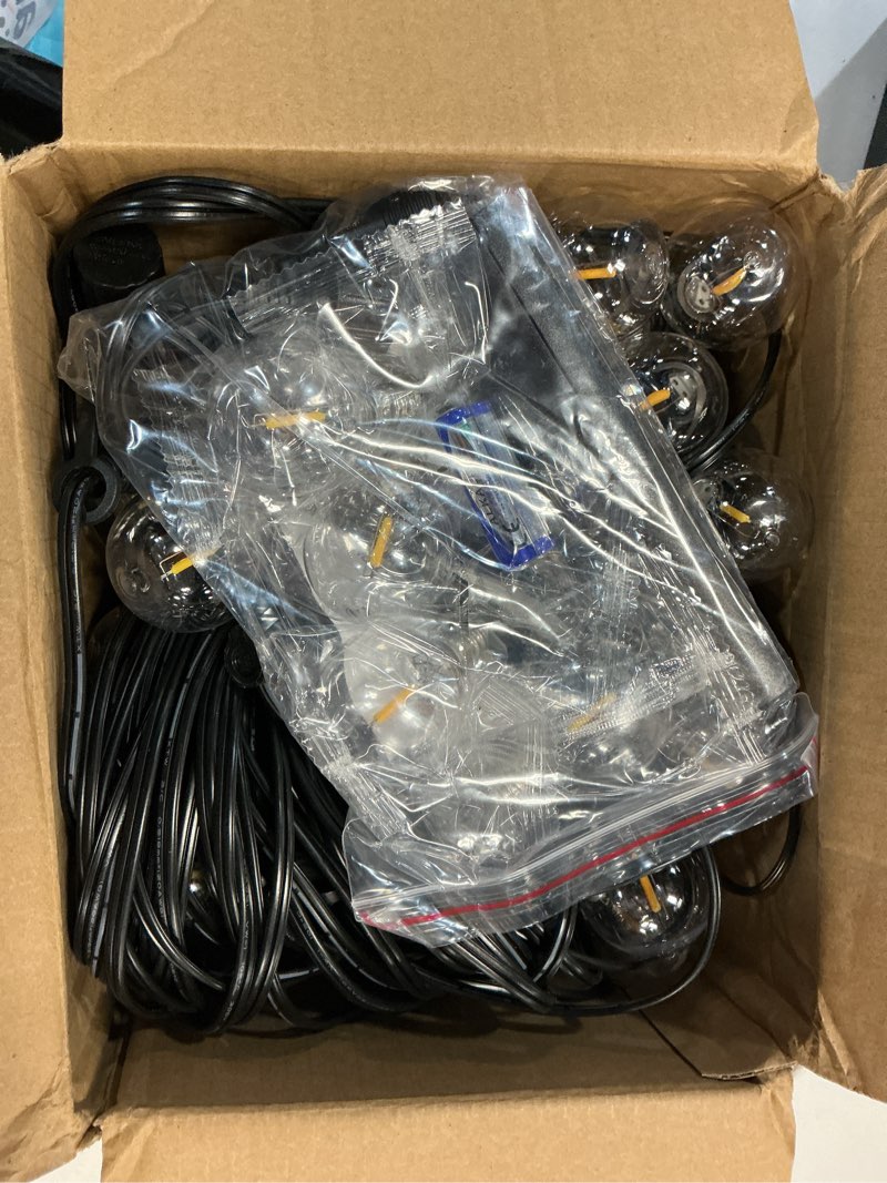 Condition photo showing As Is for addlon 100ft outdoor string lights g40 with remote, 54 led shatterproof bulbs, dimmable patio globe lights waterproof, hanging outside lighting for backyard, garden, deck, balcony, porch, café, decor 100ft(50 sockets)