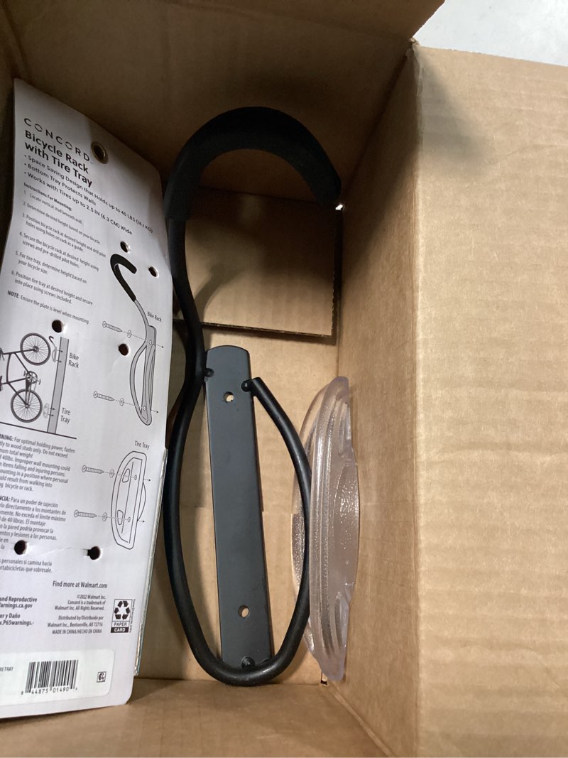 Condition photo showing As Is for concord 2-piece wall mount bicycle rack with tray, black, assembled: 11.42" h x 6" l x 4" d, 1.15 lb