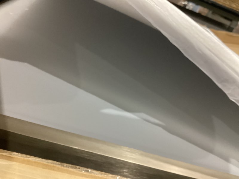 Condition photo showing Good Condition for loaao 24x30 inch brushed nickel bathroom mirror, rounded rectangle silver metal frame mirror, brushed nickel, anti-rust, shatter proof, hangs horizontally or vertically