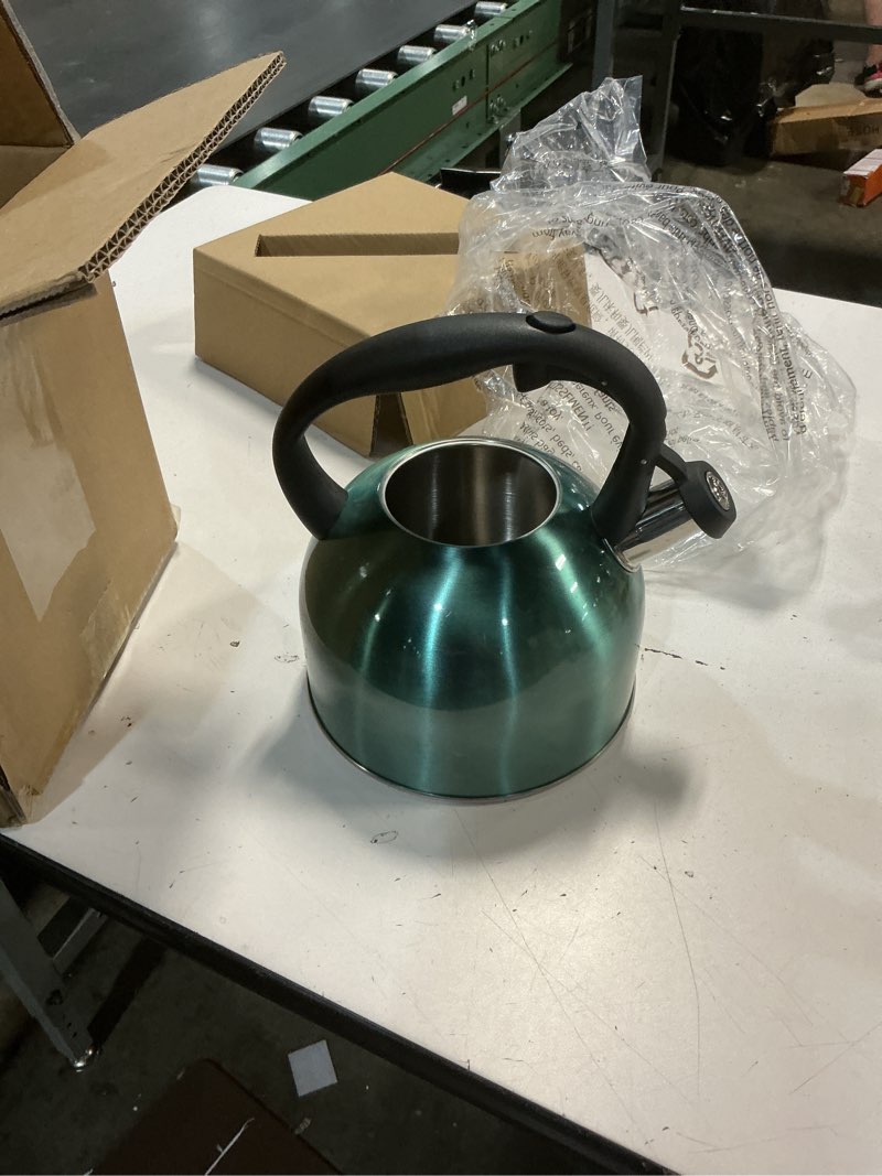 Condition photo showing Good Condition for amazon basics stainless steel whistling tea kettle, fast boiling for tea and coffee, food grade, ergonomic handle, 2.3 liter, teal 2.3 liters