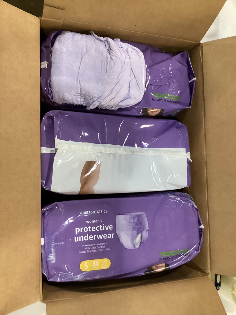 Condition photo showing Good Condition for amazon basics incontinence underwear for women, disposable, postpartum, maximum absorbency, bladder leak protection, odor control, comfortable fit, small, lavender, 72 count (3 packs of 24) small 72.0