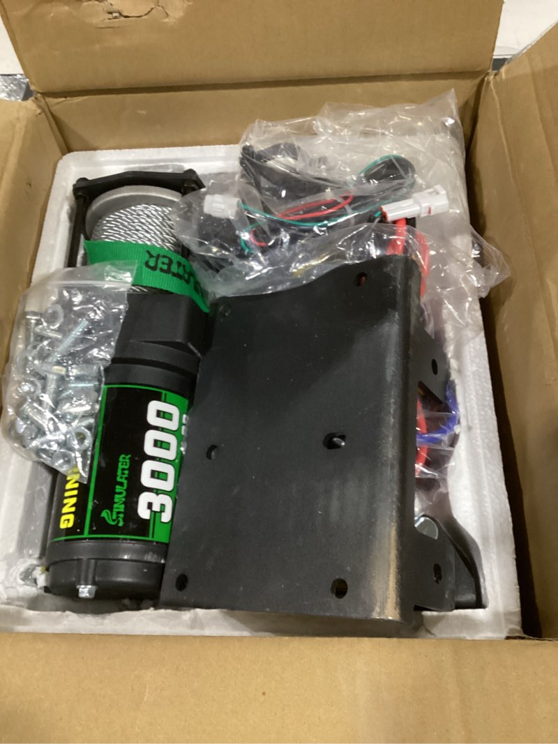 Condition photo showing As Is for stimulater 3000lb atv winch,electric winch 12v,steel cable winch, with wireless remote and manual switch, with hawse fairlead & hook,ip67 waterproof,suitable for most trailers and atv winchs usam-srew007s-1