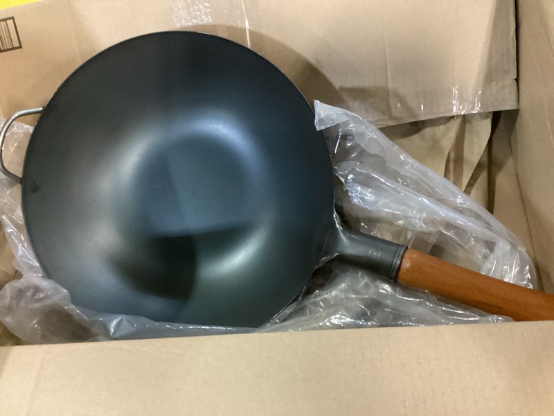 Condition photo showing As Is for yosukata 13.5" carbon steel wok pan – pre-seasoned flat bottom pow wok for stir fry, bbq, grill & camping – traditional japanese chinese cookware – compatible with induction, electric, gas, open fire