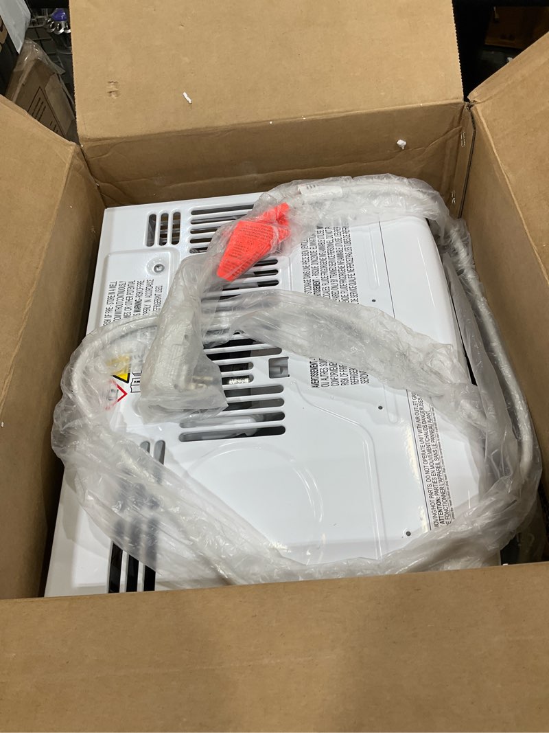 Condition photo showing As Is for frigidaire 5,000 btu window-mounted air conditioner, cools up to 150 sq. ft., quiet operation, effortless temperature control, 2 fan speeds, auto restart, white 5,000 btu mechanical controls