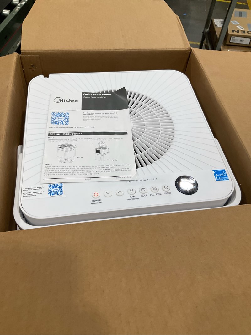 Condition photo showing As Is for Midea Cube 50 Pint Dehumidifier for Basement and Rooms at Home for up to 4,500 Sq. Ft., Smart Control, Compatible with Alexa (White), Drain Hose Included