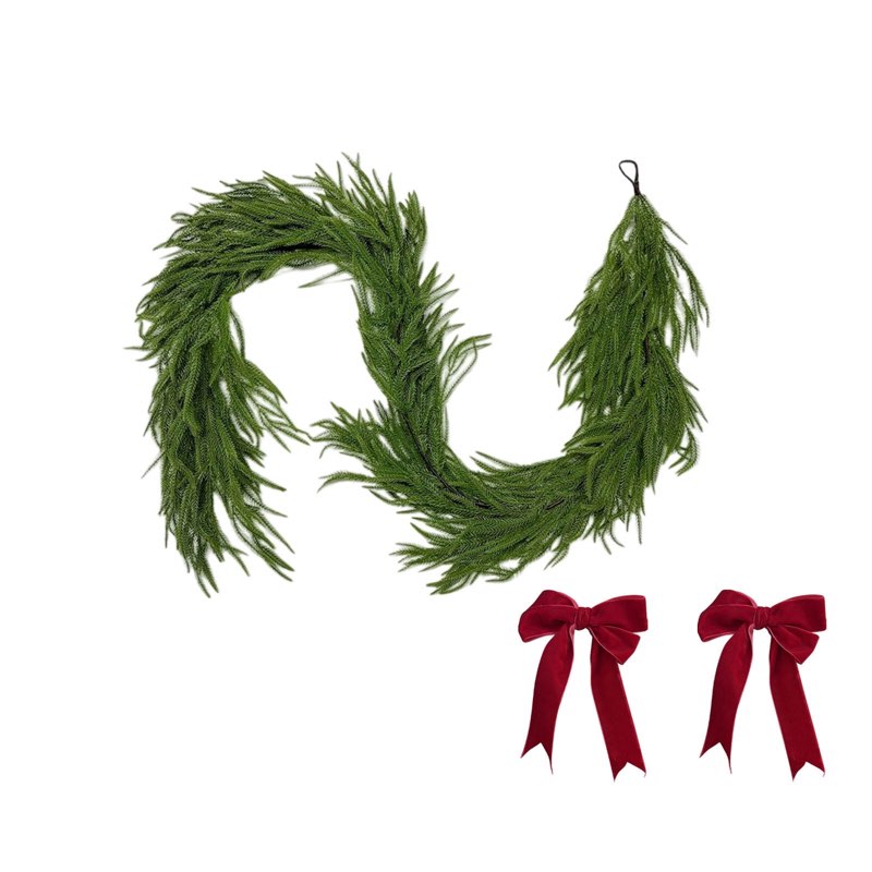 Suncalla 6ft Artificial Norfolk Pine Garland Christmas Cedar Garland with Large Red Velvet Bow and R