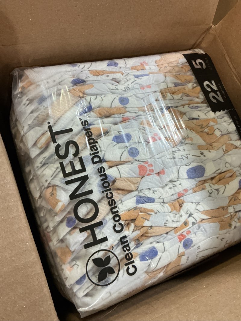 Condition photo showing New/Like New for the honest company comfort dry disposable diapers for sensitive skin, hypoallergenic, fragrance-free, all the letters + it's a pawty, club box, size 5 (27 lbs), 44 count size 5 (44 count) all the letters + it's a pawty