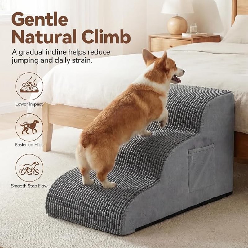 dog stairs for small dogs, 15.7" high 3 step foam ramp for bed & couch, pet steps for senior pets, non slip base, washable cover, joint support design, grey, suitable for cats
