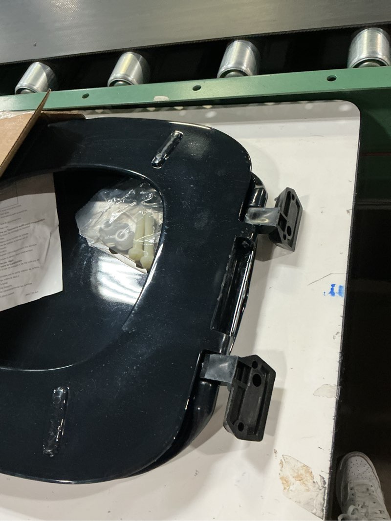 Condition photo showing As Is for centoco black round toilet seat, residential, top mount plastic hinge, closed front with cover, plastic, dsamaz2-407 closed front / made in canada round black