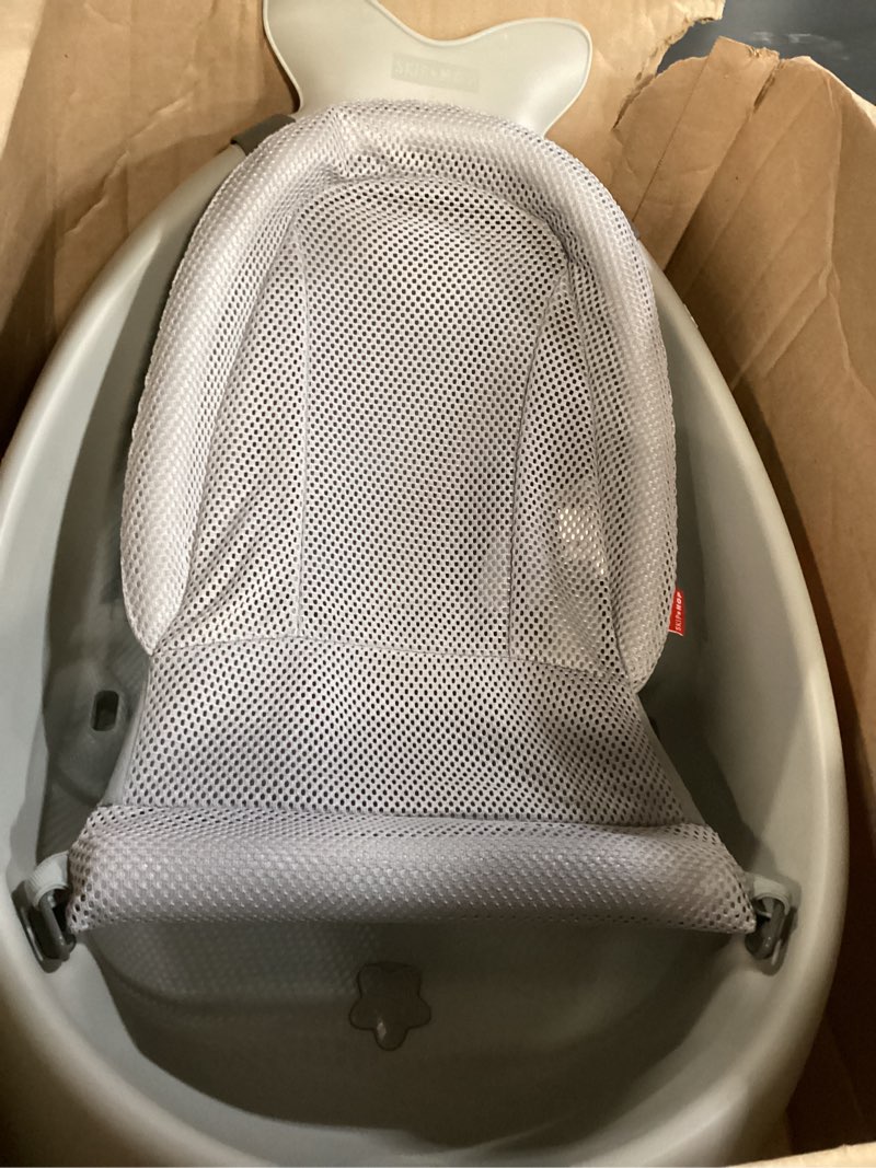 Condition photo showing Good Condition for skip hop infant bath tub 3-stage grow with baby smart sling moby bathtub grey age 0+ grey tub