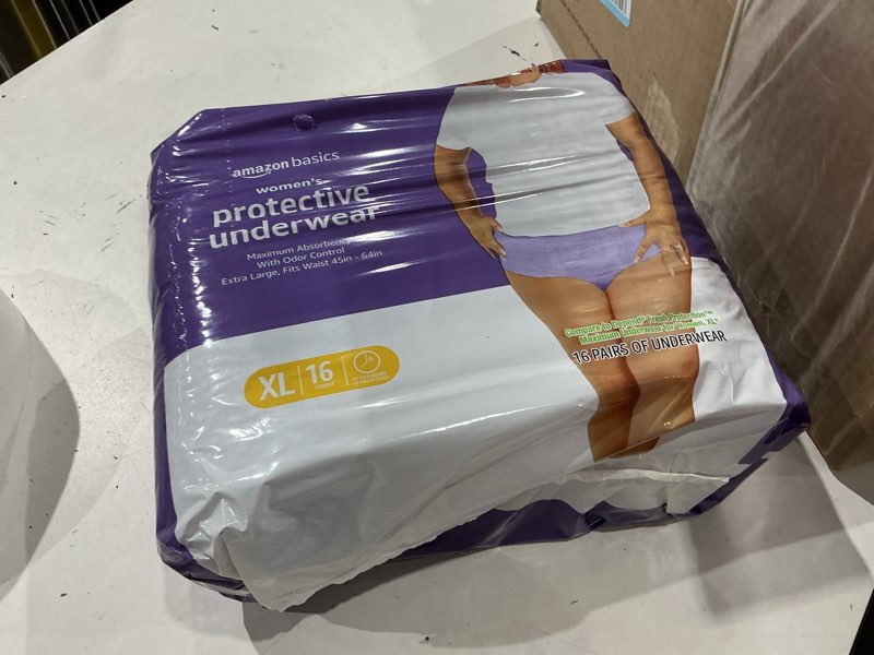 Condition photo showing New/Like New for amazon basics postpartum incontinence underwear for women, maximum absorbency, fresh protection, leak protection, odor guard, soft comfortable fit, disposable, x-large, lavender, 16 count x-large 16.0