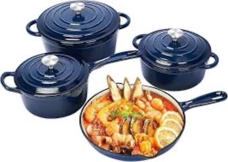QuliMetal Nonstick Enameled Cast Iron Cookware Set, 7-Pcs Pots and Pans with Lid, Frying Pan Skillet, Sauce Pan, Healthy Round Dutch Oven Pot for Sourdough Bread Baking on All Stovetop,  4PC navy