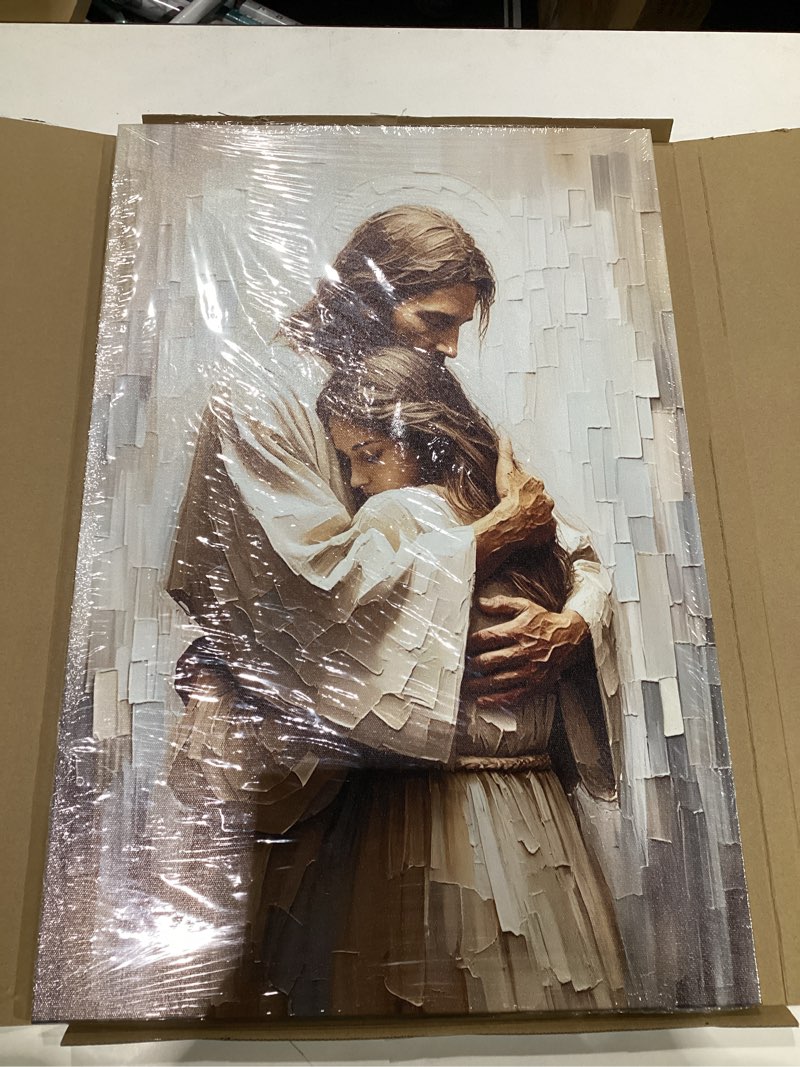 Condition photo showing Good Condition for Jesus Wall Art Christian Decor for Prayer Room – Framed Jesus Embracing Woman Canvas Pictures Prints, Religious Wall Decor for Living Room, Bedroom – Church Christmas Gifts 12x16in Jesus Embraces Woman Wrapped Canvas 16"L x 12"W