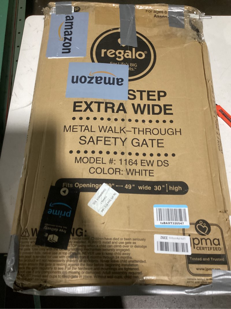 Condition photo showing Good Condition for regalo easy step 49-inch extra wide baby gate, includes 4-inch and 12-inch extension kit, 4 pack of pressure mount kit and 4 pack of wall mount kit white 29-49"w x 30"h