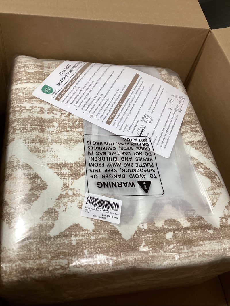 Condition photo showing New/Like New for Living Room Rugs 9x12: Washable Moroccan Geometric Boho Rug Farmhouse Non Slip Stain Resistant Large Rug Low Pile Soft Carpet for Bedroom Dining Room Kids Room (Light Brown,9'x12') Light Brown 9' x 12' (Rectangular)