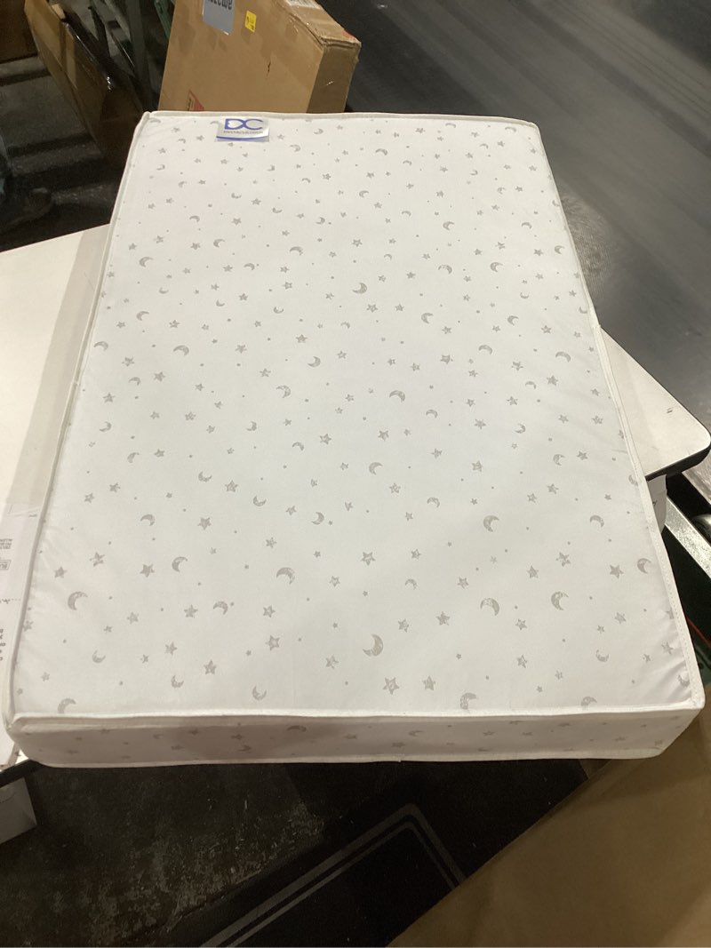 Condition photo showing New/Like New for delta children twinkle galaxy limited 4-inch mini crib mattress - premium sustainably sourced fiber core - waterproof - greenguard gold certified (non-toxic) - 5 year warranty - made in usa