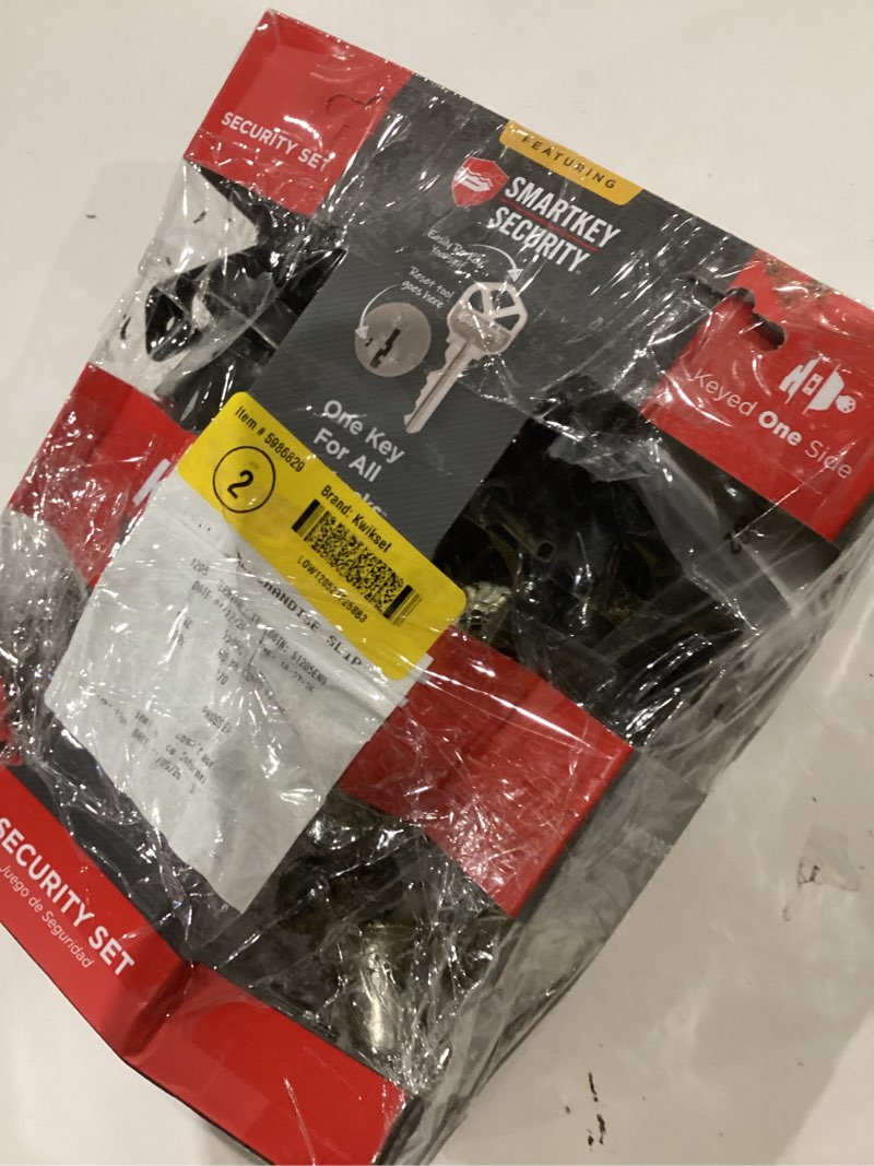 Condition photo showing As Is for kwikset pismo round rose matte black knob door combo pack featuring smartkey security