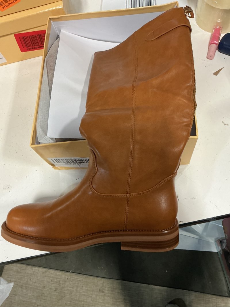 Condition photo showing New/Like New for ((size 8))women's knee high boots chunky heel square toe tall boots for women low heel back zipper boots 6 brown